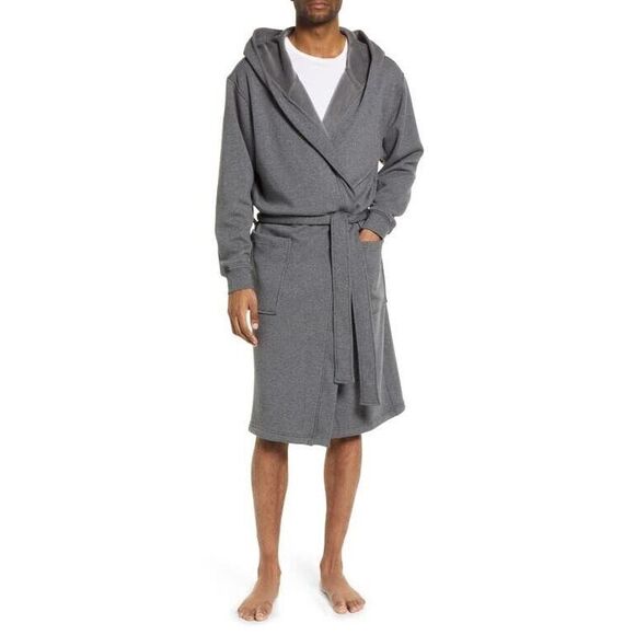 UGG Men's Sz L/XL Charcoal Heather Gray Leeland Hooded Cotton Blend Robe - Picture 15 of 15